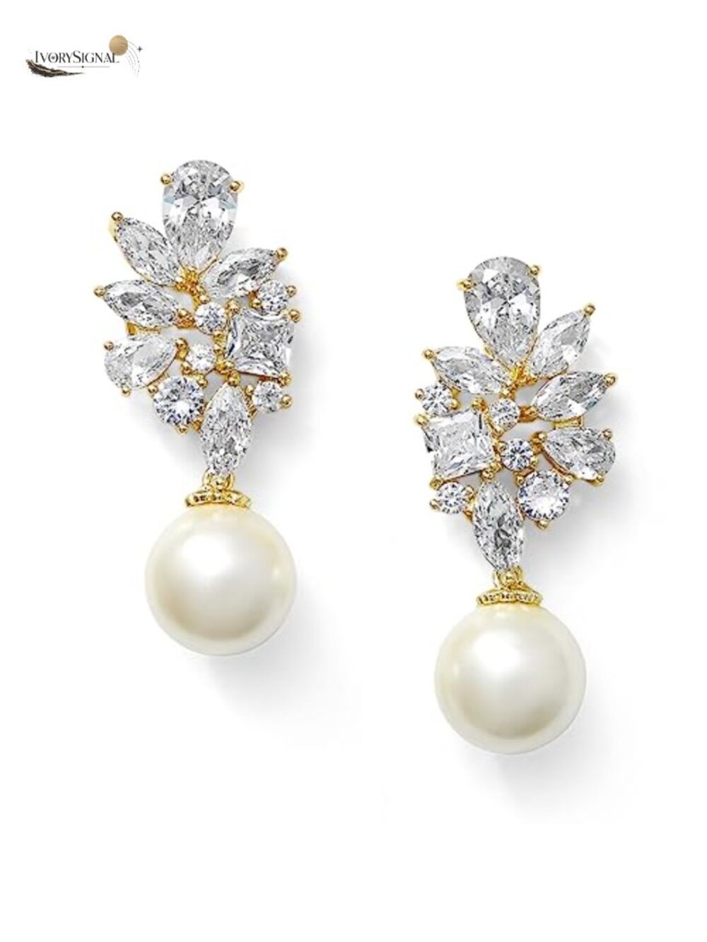 Pearl Drop Dangle Earrings with CZ Cluster, Statement Bridal Jewelry